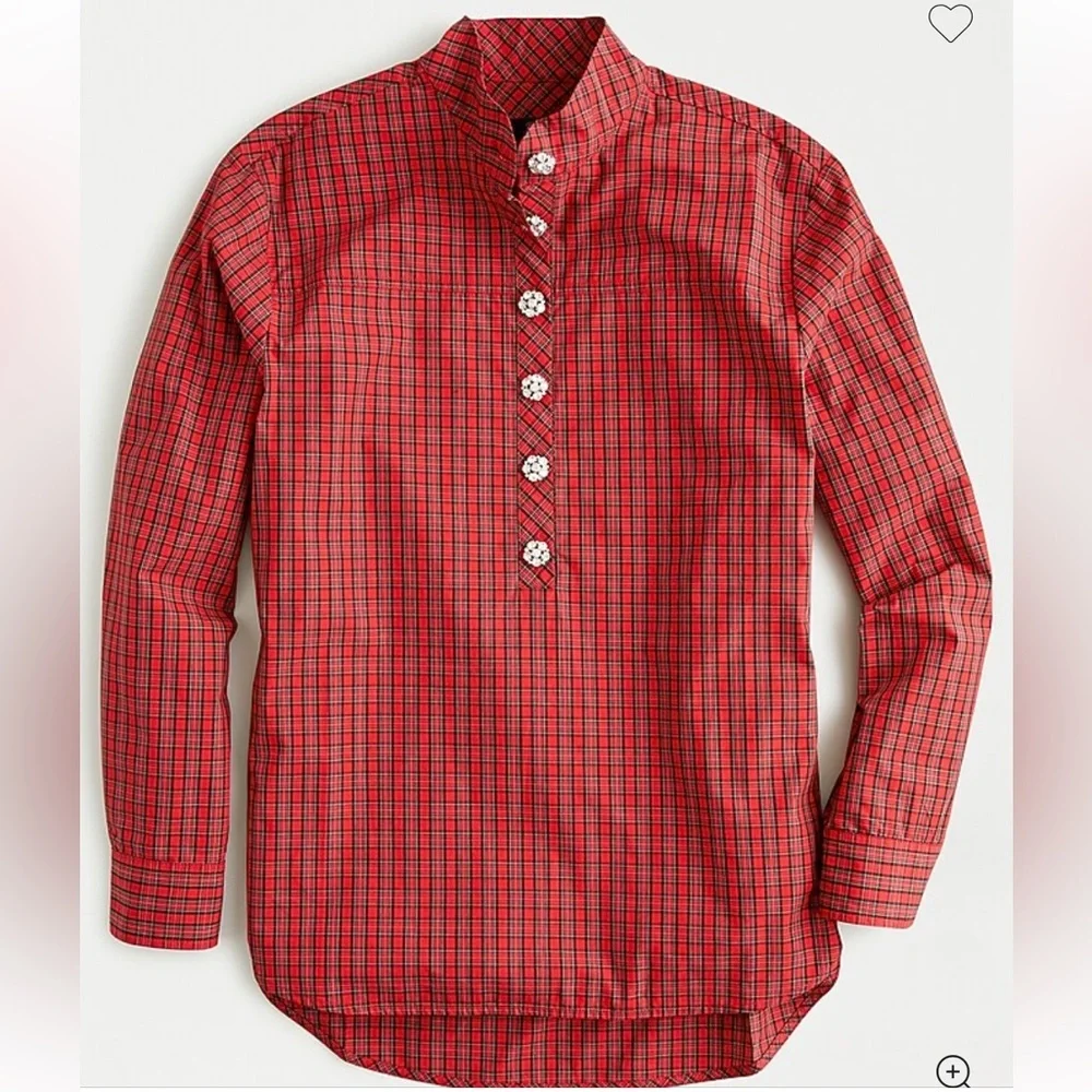 J. Crew size 12 Jeweled button popover tunic red checkered plaid preppy holidays